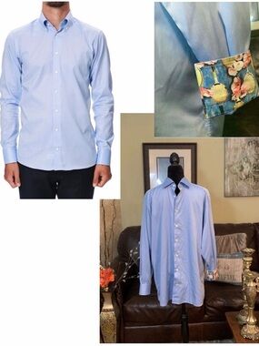 ETON Blue Button Down Tennis Racket Floral Print Flip Cuff Shirt XL